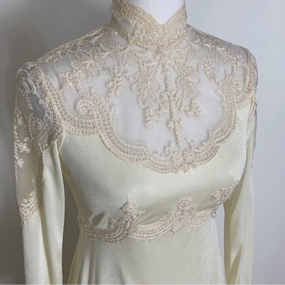 Vintage Christos Bridal Couture Empire Waist Mock Neck Long Sleeve Wedding Dress